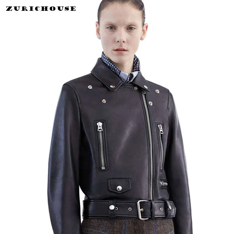 

ZURICHOUSE Natural Sheepskin Coat Woman Short Slim Zipper Sashes Biker Jacket 2021 Plus Size 3XL Genuine Leather Jacket Women