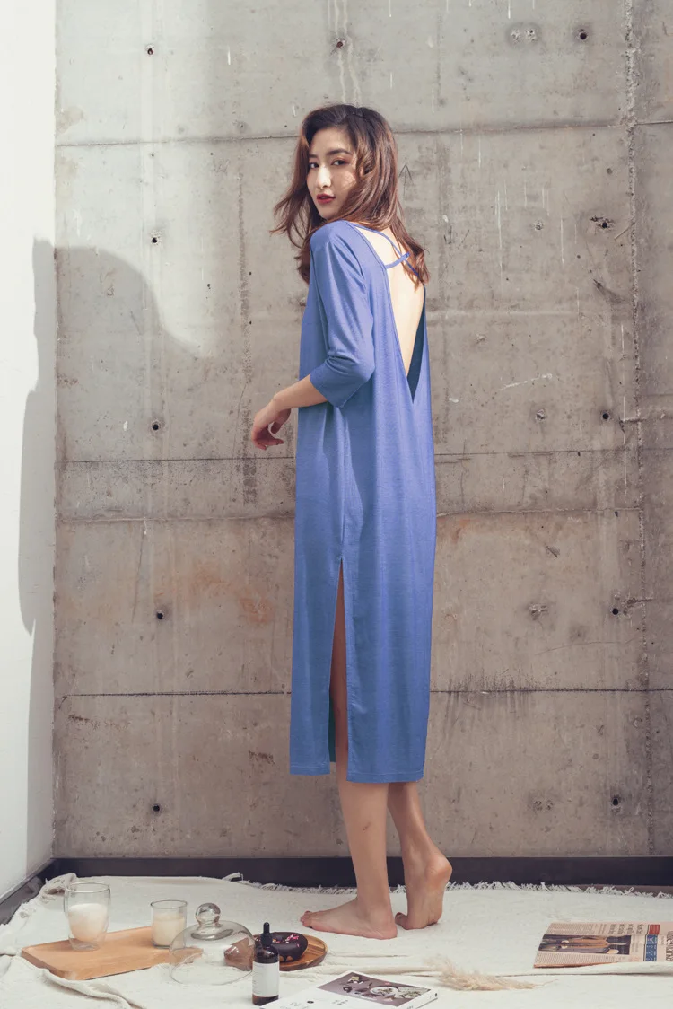 

Backless Sexy Solid Color Modal Cotton Nightdress Homewear Sleeping Dress Women Home Clothes Summer Short Sleeve Sexy Nightwear