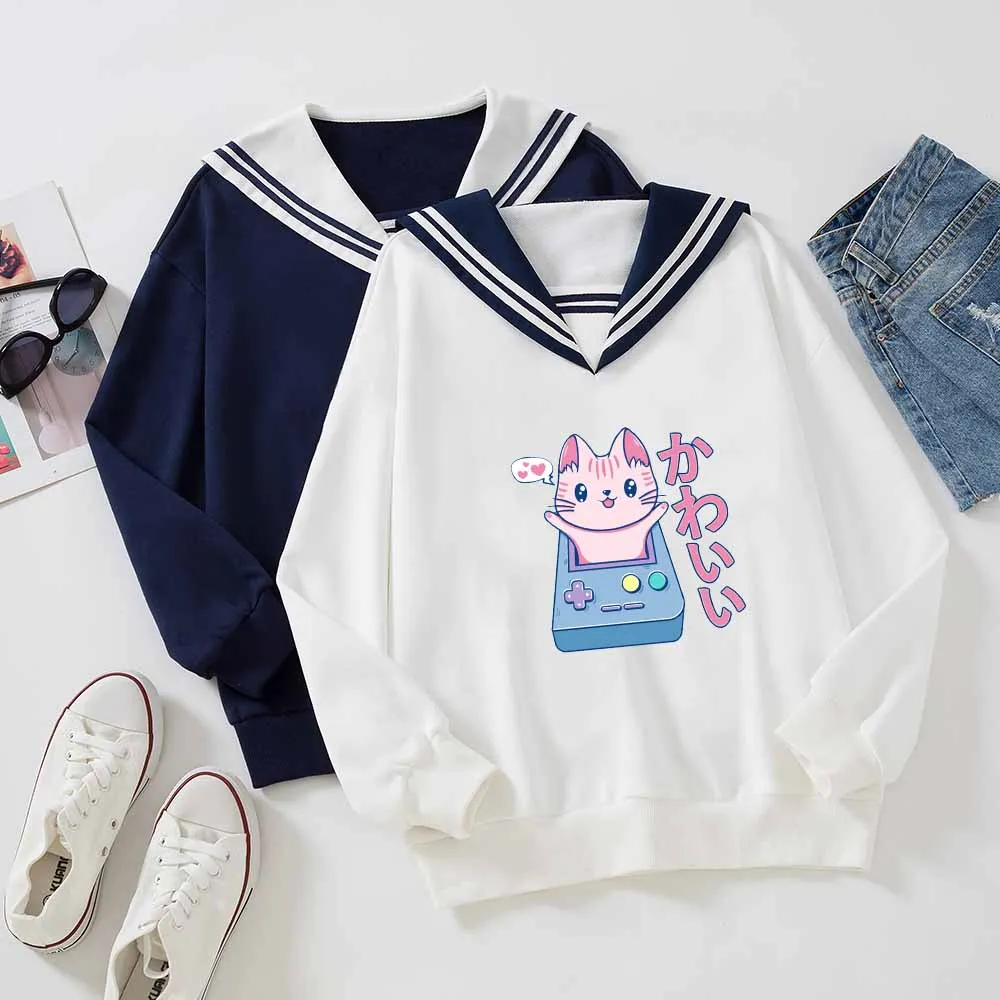 

Кавайная толстовка, Женский свитшот с длинным рукавом, пуловер с матросским воротником, модные милые топы в Корейском стиле 2021, мягкая одежд...