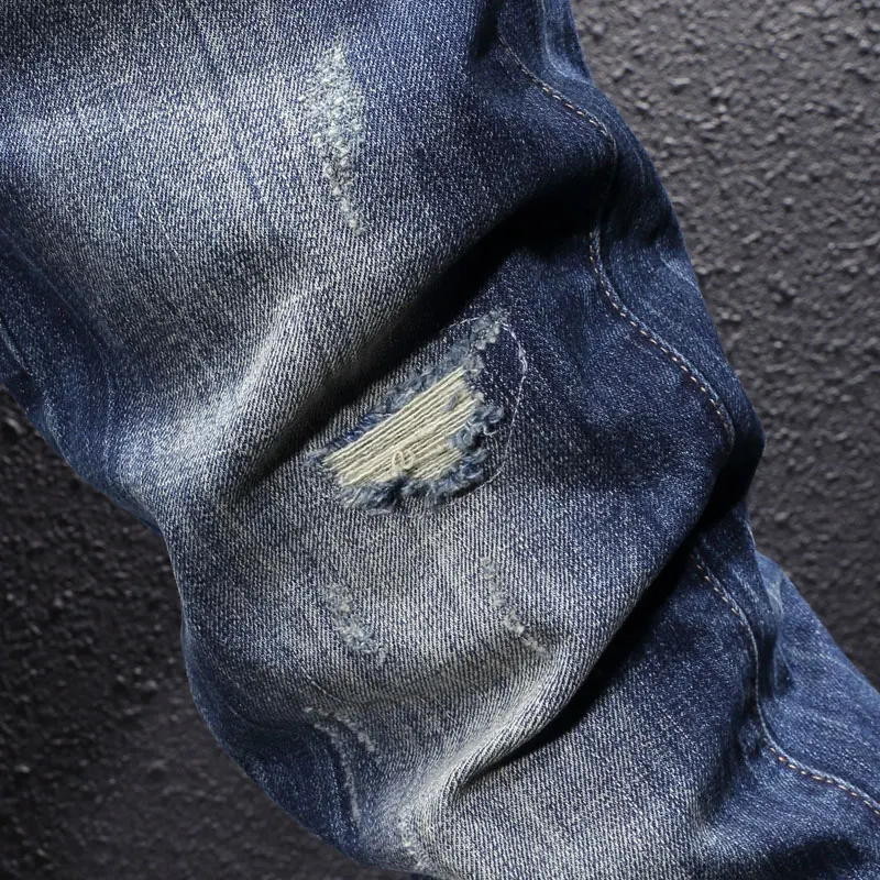Italian Style Fashion Men Jeans High Quality Retro Blue Slim Ripped Jeans Men Vintage Designer Frayed Hole Casual Denim Pants