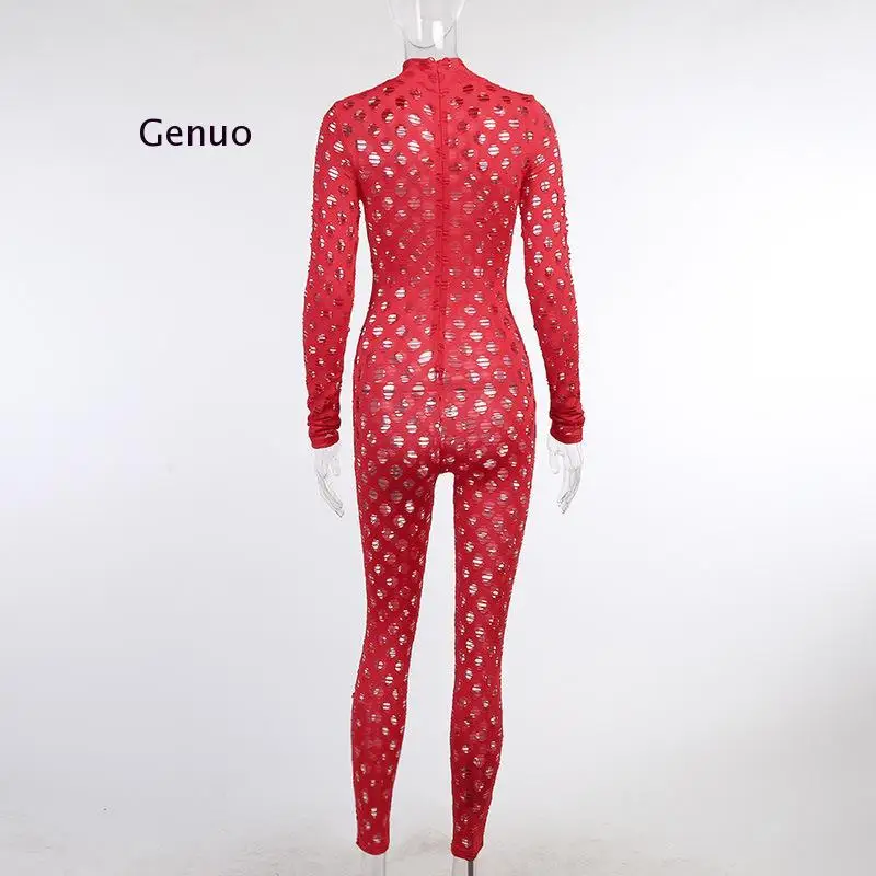 

Hollow Out Jumpsuits Women Turtleneck Sexy Net Plaid Hole Skinny Elastic Club Streetwear Solid Rompers Female Outfits