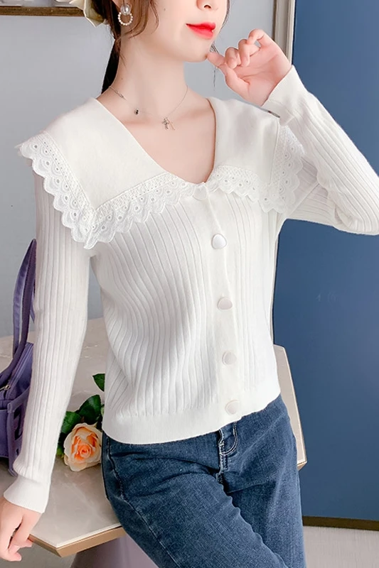 

COIGARSAM Cute Knitting Shirt Womens tops New Spring Ruffled Women shirts Rice White 6630