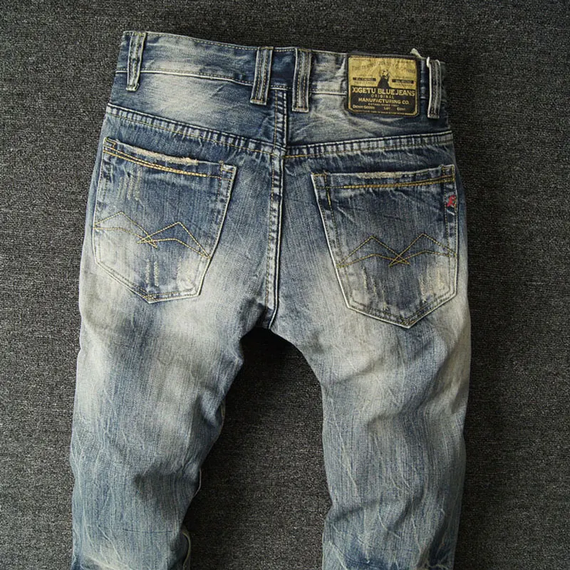 European Street Fashion Men Jeans Retro Distressed Patchwork Slim Fit Ripped Jeans Men Vintage Designer Casual Denim Punk Pants