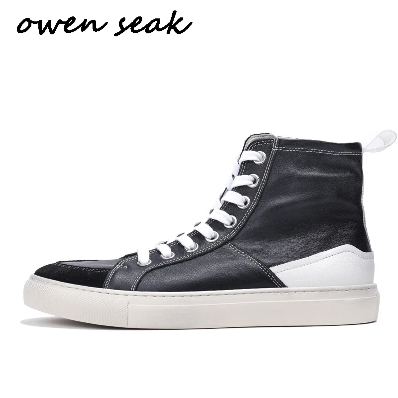 

Owen Seak Men Casual Boots Cow Leather High-TOP Ankle Boots Luxury Trainers Spring Lace-Up StreetWear Flats Black Shoes Sneakers