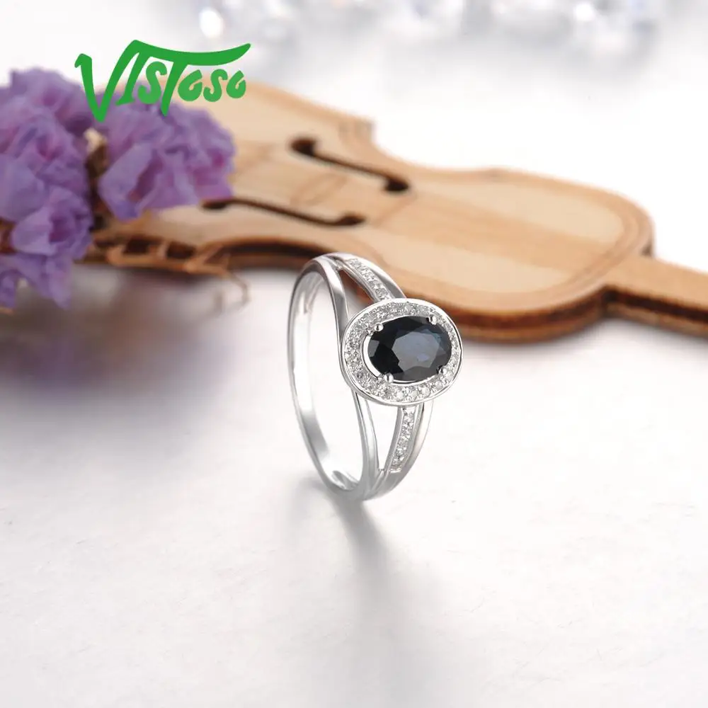 VISTOSO 14K White Gold Rings For Women Genuine Sparkling Diamond Fancy Blue Sapphire Engagement Anniversary Unique Fine Jewelry