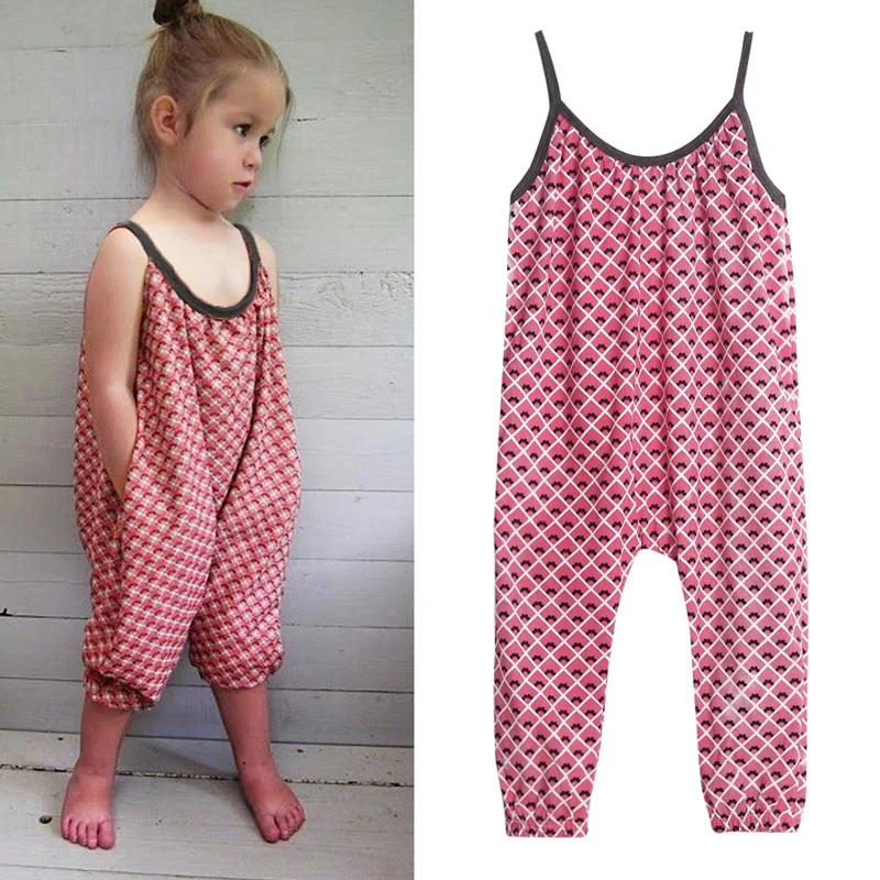 

2021 Fashion Kids Baby Girls Strap Cotton Romper Striped Plaid Sleeveless Jumpsuit Loose Harem Trousers Summer Toddler Clothes