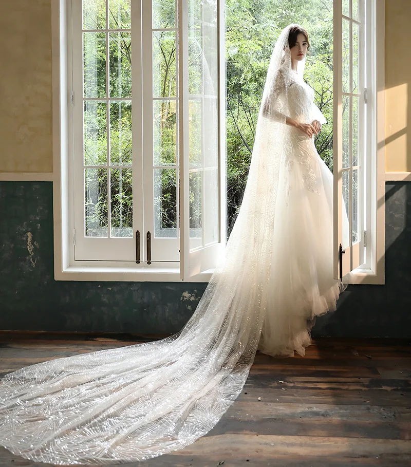 Роскошная блестящая Однослойная свадебная фата с гребнем jaevini Длинная длиной 3 м