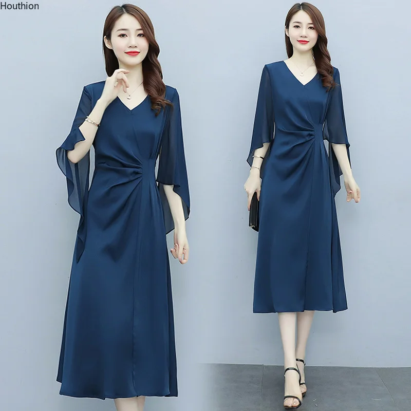 

Satin Loose Women's Dress Summer Five-point New Fashion Casual Es Solid Color Mid-length V-neck Sleeve Dress Houthion