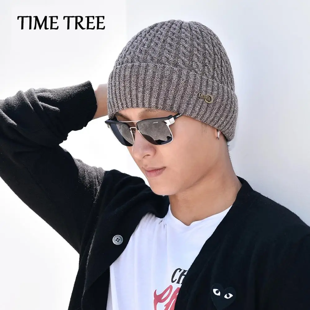 TIME TREE/Модная зимняя шапка мужские шапки 2019 однотонные из плотной шерсти вязаные