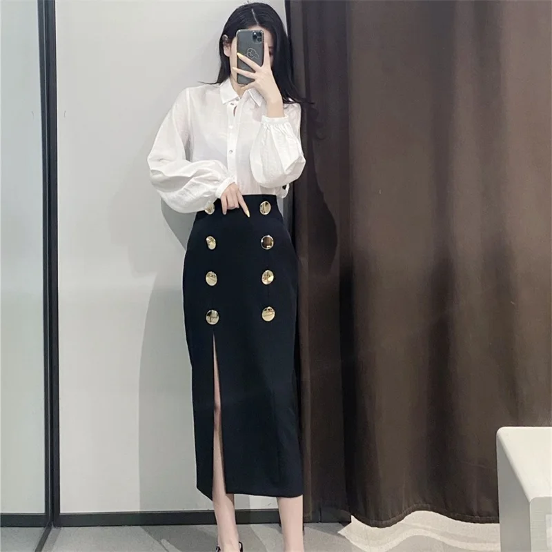 

MESTTRAF Women 2021 Fashion With Buttoned Front Slit Midi Pencil Skirt Vintage High Waist Back Zipper Female Skirts