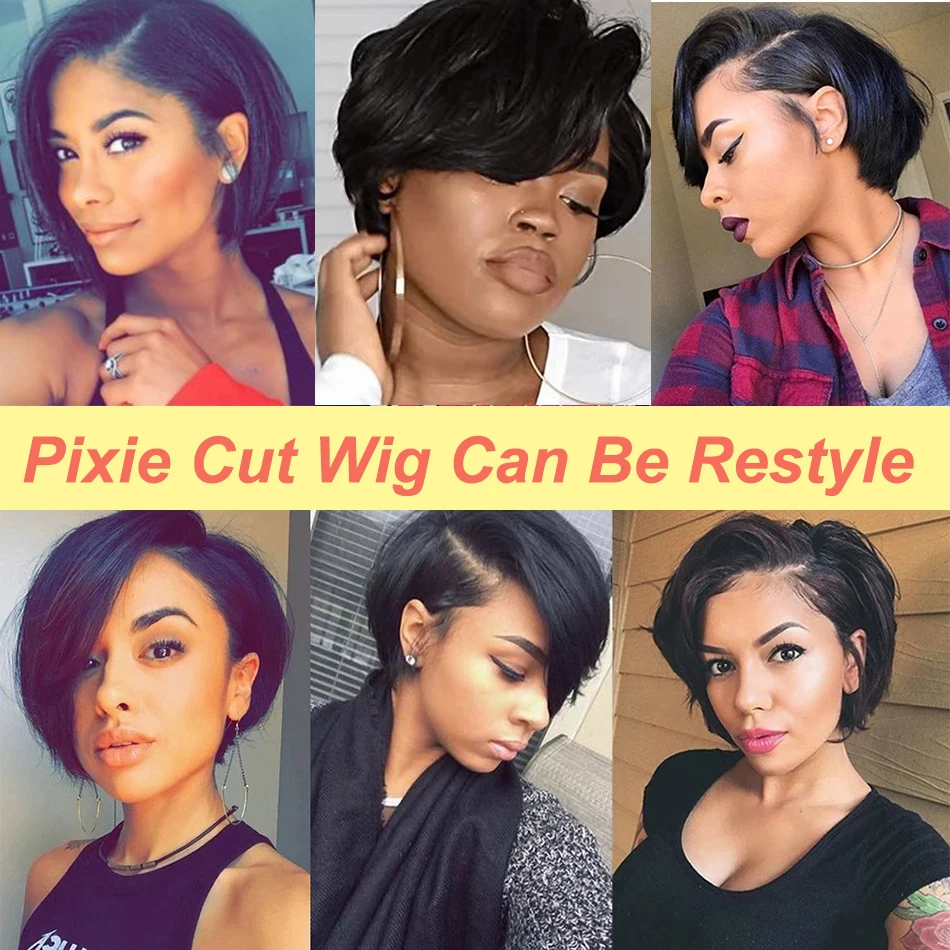 

Short Pixie Cut Wig Human Hair T Part Lace Wig Straight Brazilian Remy Hair 150% Density BB Face Human Hair Wigs For Women