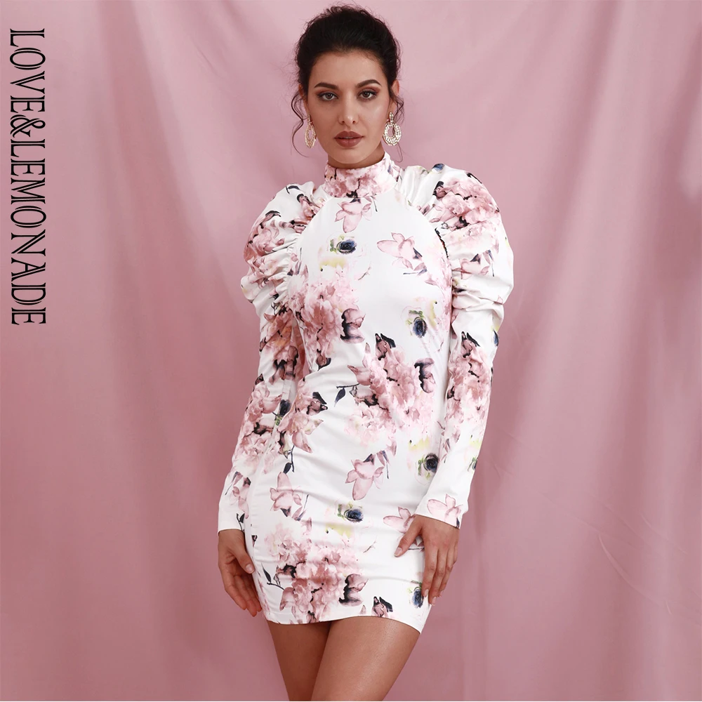 Женское мини платье с цветочным принтом LOVE & LEMONADE облегающее длинным рукавом и