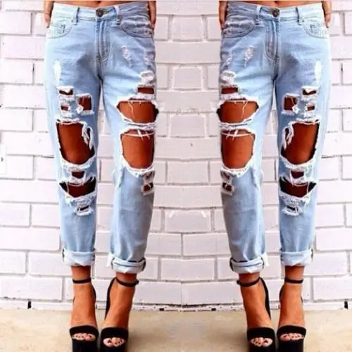 

New Arrival Ladies Tear Off Stretch Tight-Fitting Faded Ripped Trousers Slim Pants Made Old Jeans Stretch Faded Ripped Trousers
