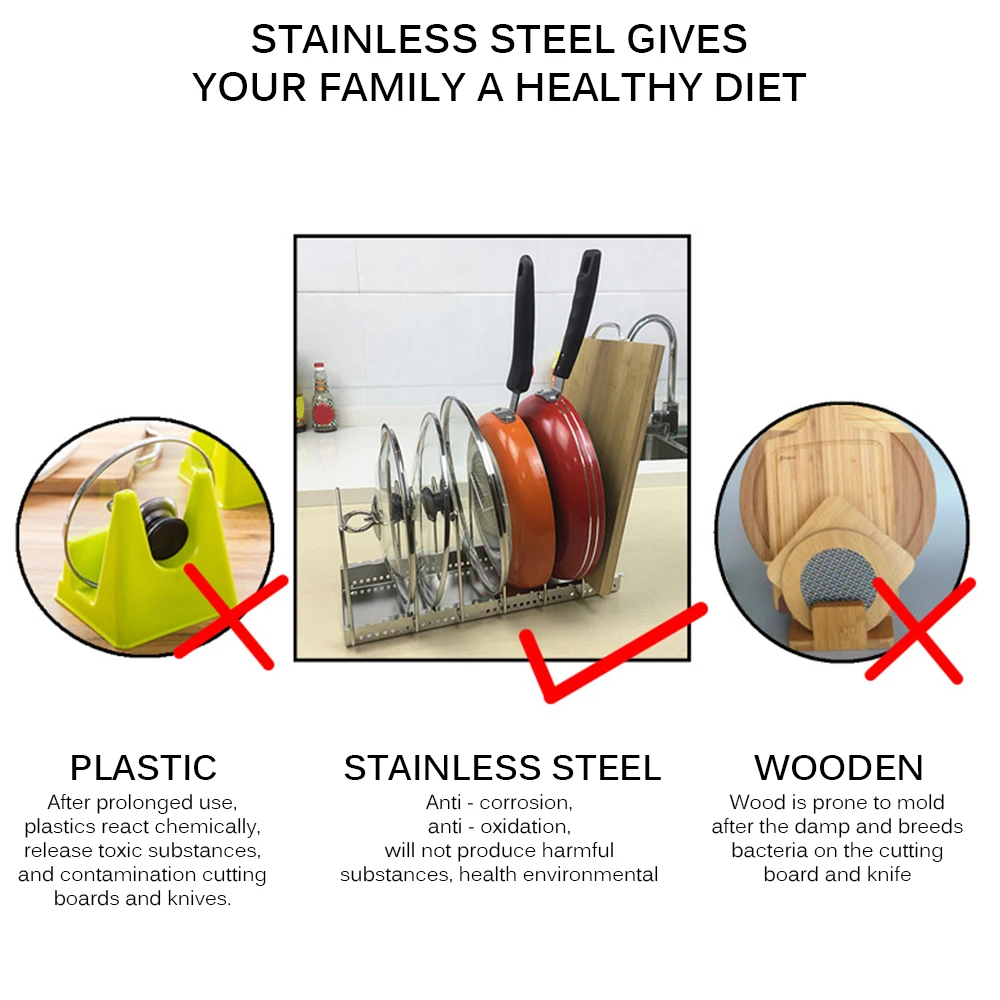 

Kitchen Organizer Pot Lid Rack Stainless Steel Spoon Holder Pot Lid Shelf Cooking Dish Rack Pan Cover Stand Kitchen Accessories