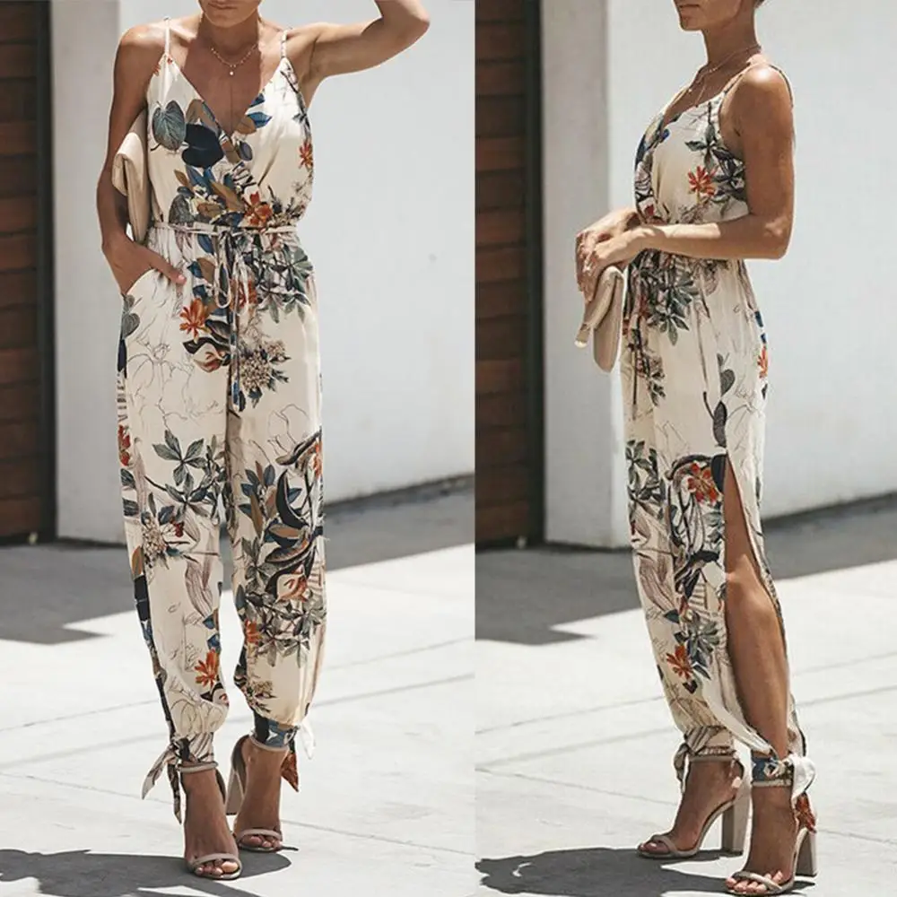 

70% Hot Sell Sexy Women Leaf Print Deep V Spaghetti Strap Jumpsuit Backless Bandage Bodysuit