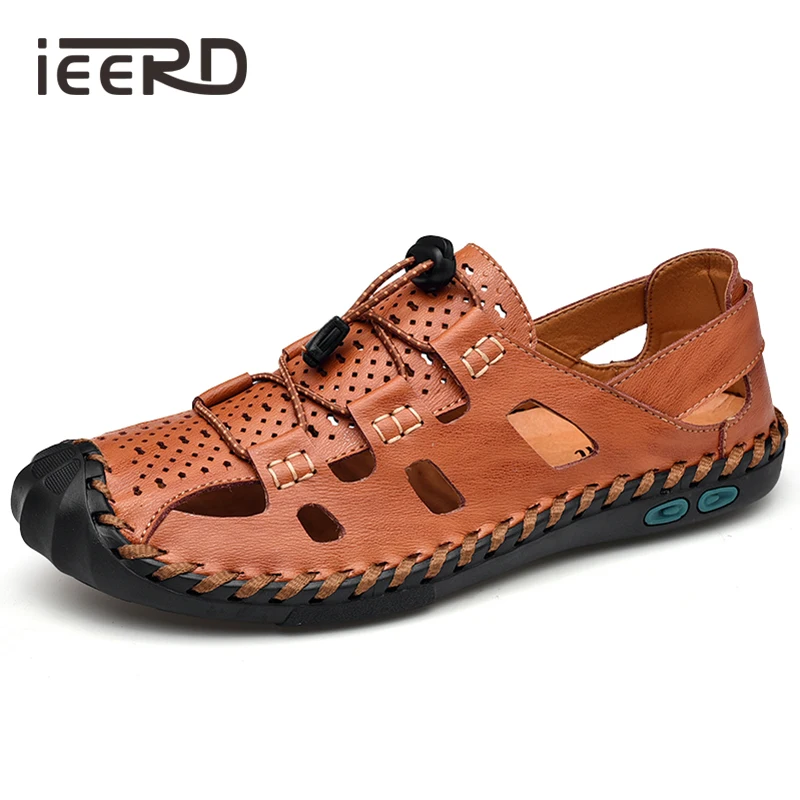 

IEERD Summer Men Sandals Hand-made Split Leather Beach Sandals Protective Outdoor Sandals