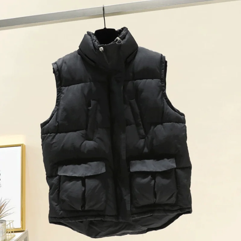 

Cotton Jacket Autumn Winter Women Sleeveless Stand Collar Waistcoat Fashion Vest Solid Color Casual Loose Female Short Coat