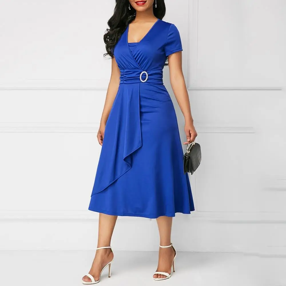 

Plus Size Women Short Sleeve V Neck Asymmetric Hem Waist Tight Midi Party Dress lady dress summer 2021