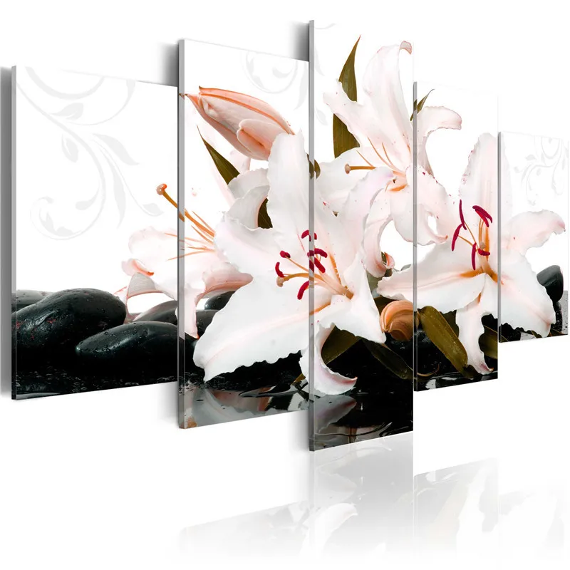 

5 Pieces of Lily Flower Living Room Home Decoration Nordic Modern Minimalist Sofa Frameless Printing Canvas Hanging Painting