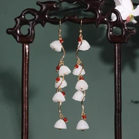 farlena chinese ethnic style natural stone beads drop earrings for women vintage white lotus tassel dangle earrings long
