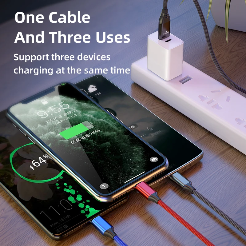 

3 in 1 Multi Port Usb Charging Cable for iPhone Samsung huawei xiaomi micro usb type c Charger Wire Cord For Mobile Phone