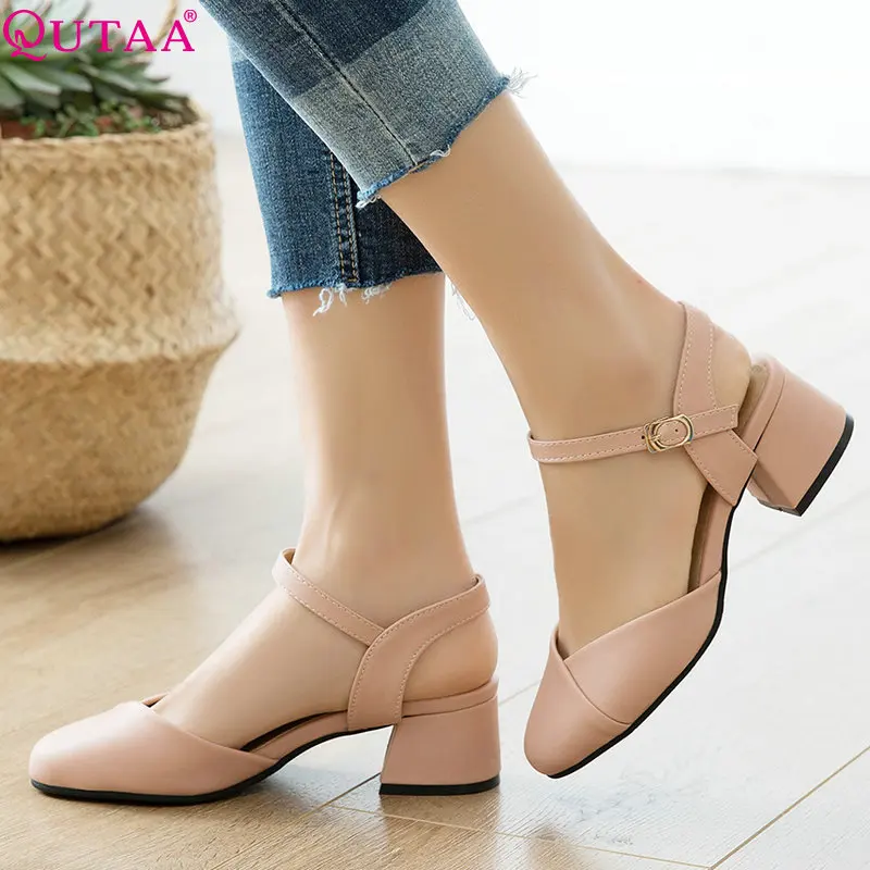 Женские туфли на квадратном каблуке QUTAA розовые или Белые Повседневные лодочки