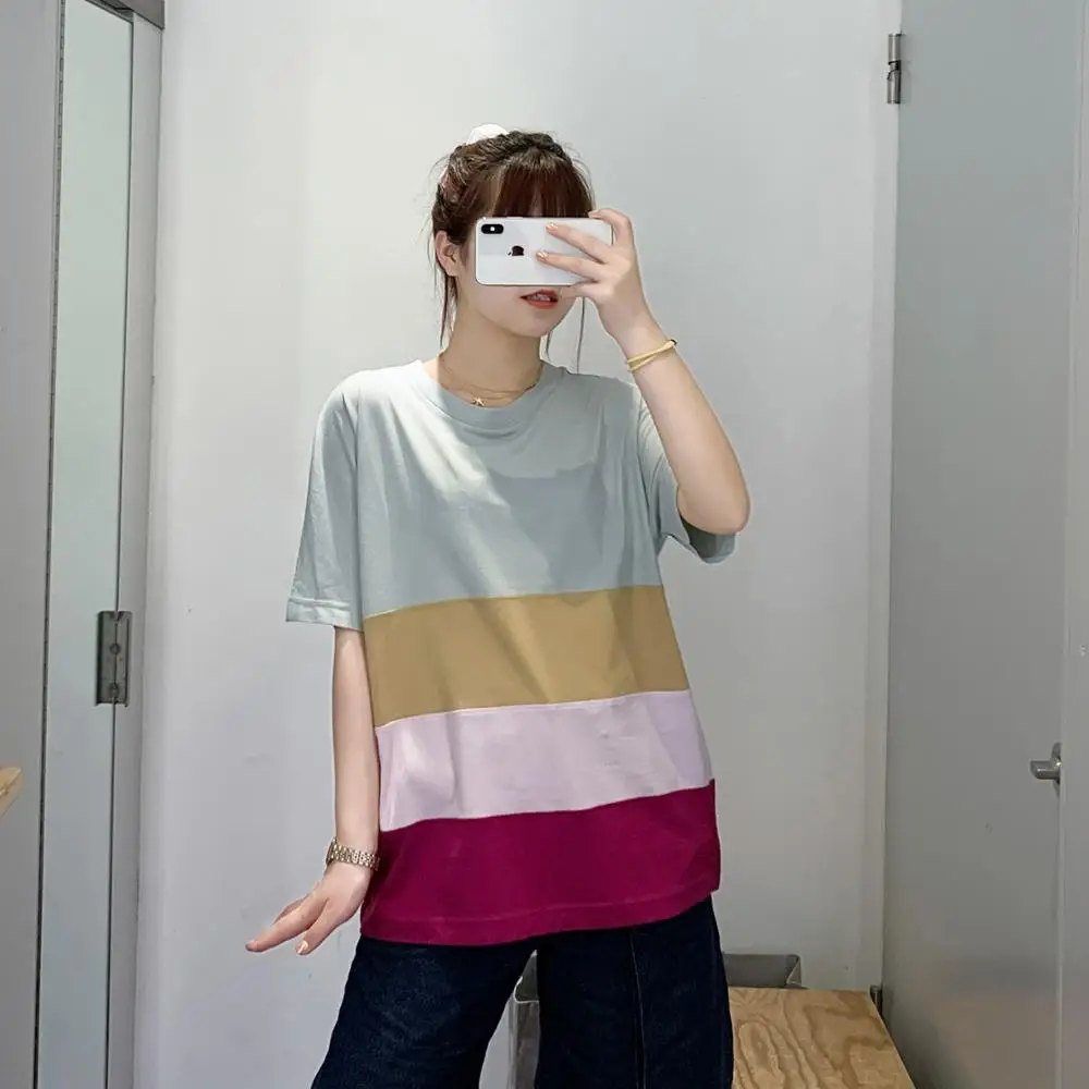 

Layered color patchwork Women T shirt lady short sleeve O-neck 2020 New Summer wild stylish t-shirts Female Cotton tee top