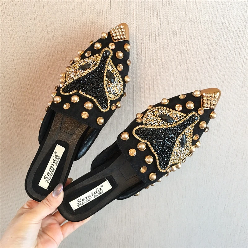 

Fox Crystal Flats Mules Women Rhinestone Slippers Pointed Toe Suede Loafers Shoes Slip On Female Comfortable Rich Footwear 2021