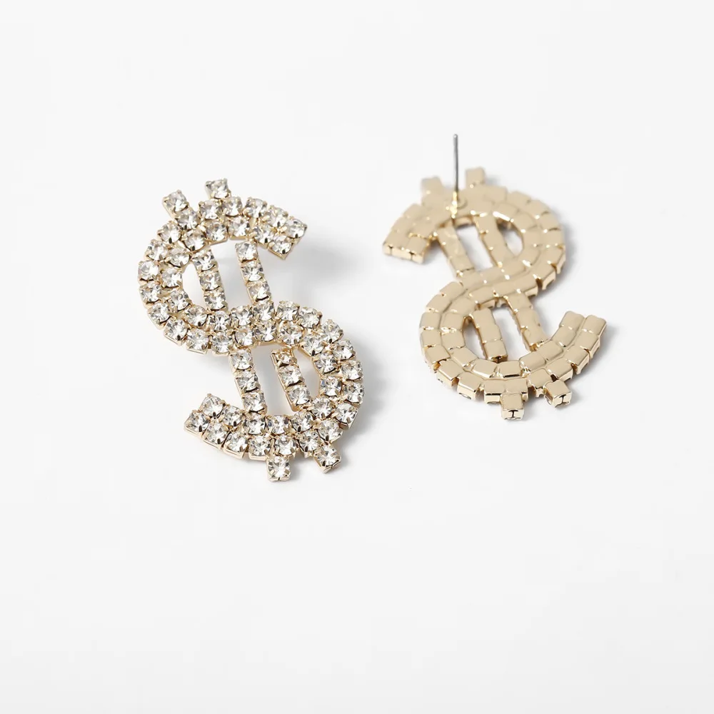 

MOFLO Punk Exaggerated Full Rhinestone Dollar Sign Hanging Dangle Earrings Long Shiny Crystal Dollar Earrings