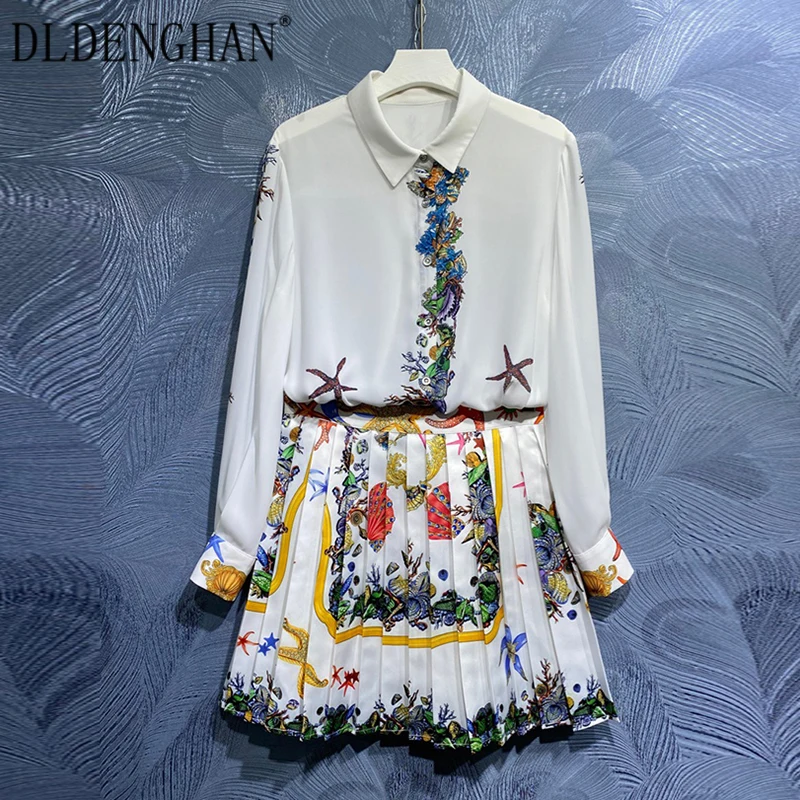 

DLDENGHAN Fashion Designer Autumn Floral Print Suit Women Turn-down Collar Long Sleeve Shirt + Pleated Skirt Two-Piece Set