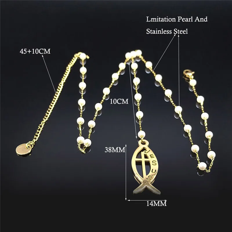 

StainlessSteel Imitation Pearls Fish Cross Necklaces Gold Color Necklace Pendant Jewelry joyeria acero inoxidable N1044S05