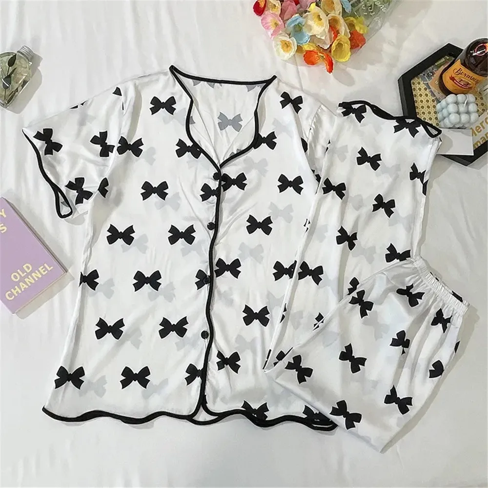 

White Bow Silk Satin Pajamas Women Elegant Short 2Pcs Set Sleepwear 2021 New Korean Fashion Summer Loose Casual Thin Homewear
