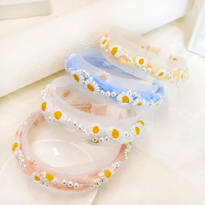 Кружевная Цветочная повязка на голову с жемчугом милые аксессуары для волос