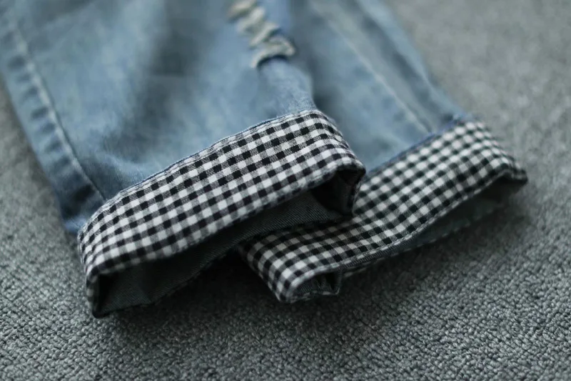 

Women M-XL Blue Jeans Elastic Waist Plaid Patchwork Cropped Denim Pants