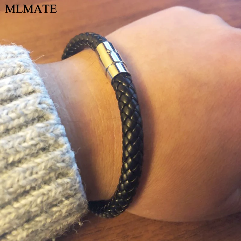 Punk Classic Style Men Women Leather Bracelet Simple Black Stainless Steel Button Neutral Accessories Hand-woven Bangles | Украшения и