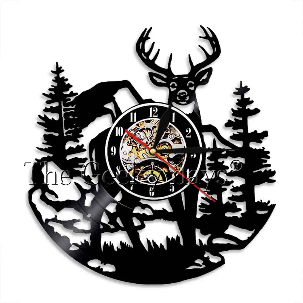 5 Forest Deer Wall Decor Retro Vinyl Record Wall Clock Antler King Moose With Pine Tree Hunting Hunters Wall Clock Gift Idea - Color: 5