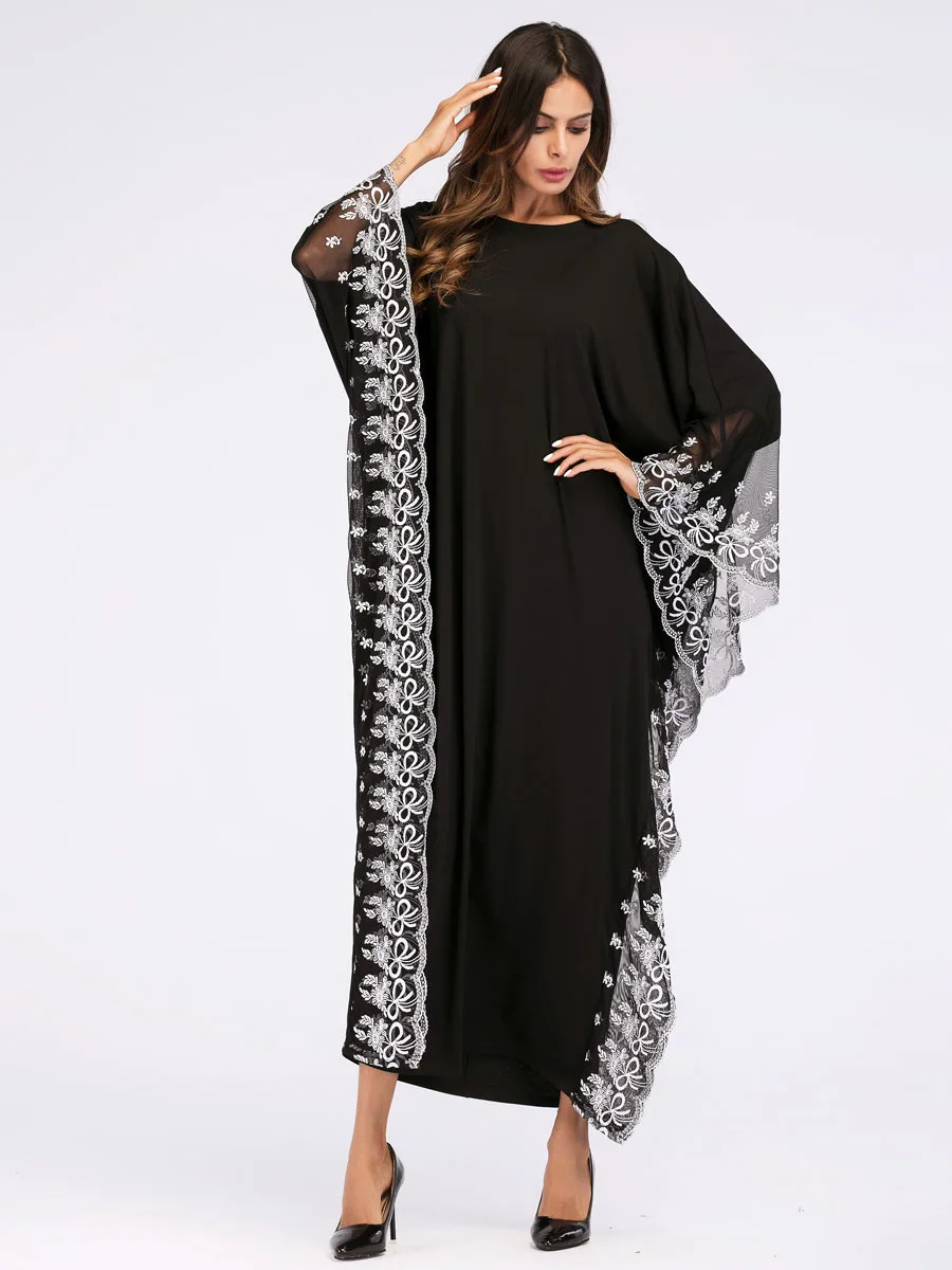 

Ethnic Lace Maxi Dress Muslim Abaya Bat Sleeve African Dashiki Vintage Kimono Long Robe Gowns Ramadan Middle East Arab Islamic