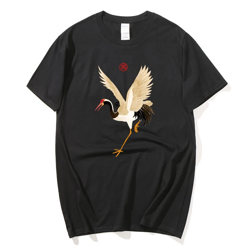 

Футболка мужская оверсайз с коротким рукавом, хлопок, оригинальный принт журавлей, Повседневная рубашка в китайском стиле, стиль Харадзюку,...
