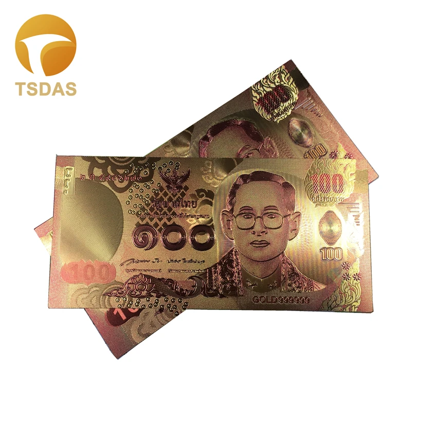 Colored Thailand Banknotes 24K Gold Banknote Plated Fake Money 100 Baht Bank Note for Business Gift 10pcs/lot|banknote gold|banknote billbanknote lot