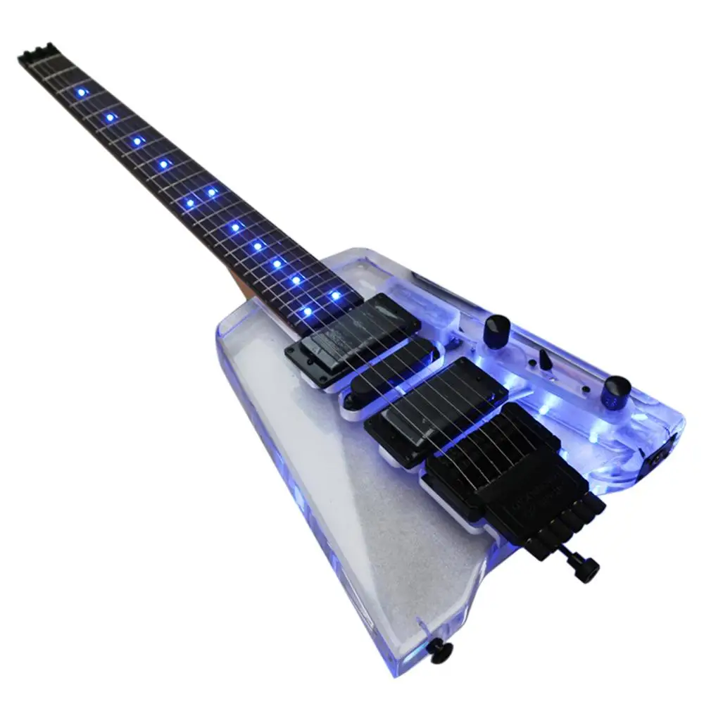 

good quality headless portable travel acrylic mini electric guitar with blue light free shipping