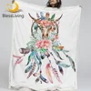 BlessLiving Cow Skull Throw Blanket Dreamcatcher Feathers Roses Soft Fleece Thin Quilt Decorative Sherpa Bed Blanket 150x200cm 1