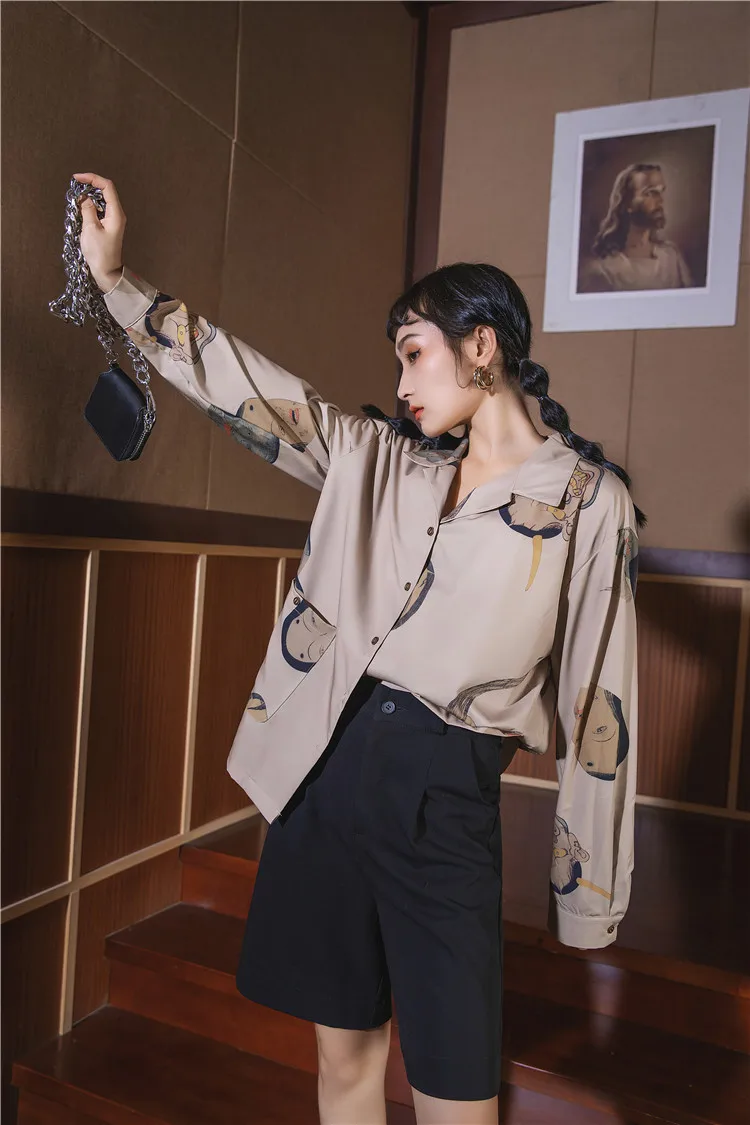 

CHEERART Ukiyoe Musashi Print Long Sleeve Blouse Women Fall 2020 Lapel Button Up Loose Shirt Autumn Top And Blouse Clothing