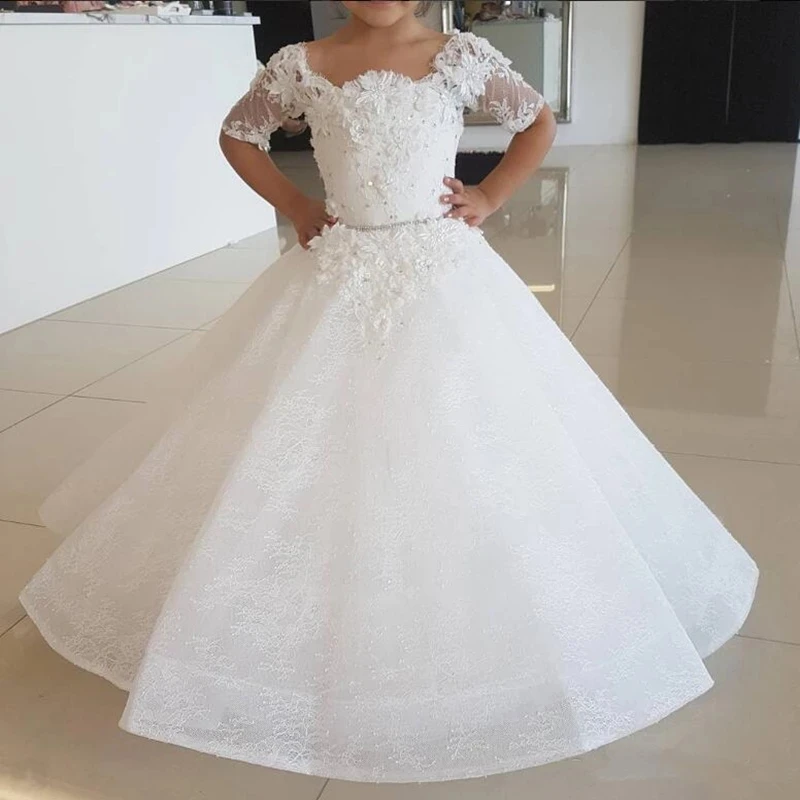 

Elegant Flower Girl Dresses Lace Applique Half sleeve Tulle O-Neck Girls First Communion Dress For Ceremony Birthday Party Dress