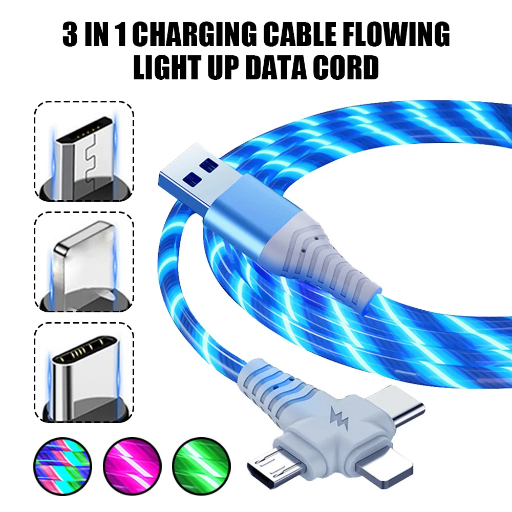 

3in1 Flow Luminous USB Cable Data Cord Micro USB Type-C Lighning Cables 3A Fast Charging Charger Mobile Phone Wire Cord Microusb