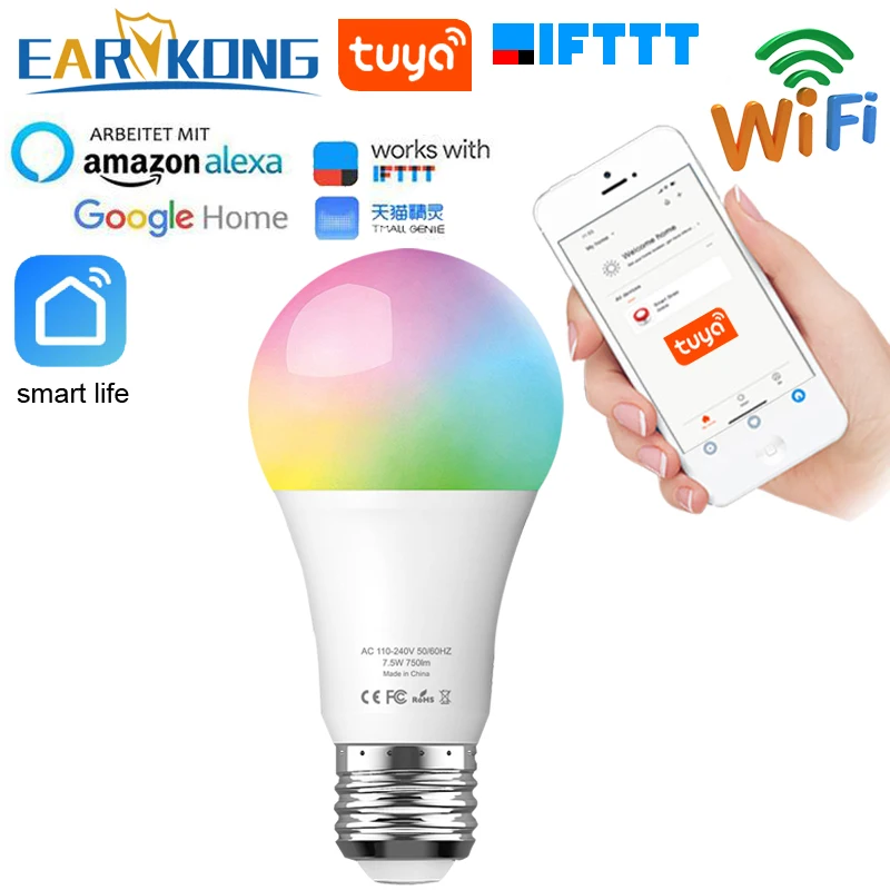 Лампа Tuya смарт-лампочка WiFi E27 совместима с Alexa Google Home IFTTT Tuya приложение таймер диммер для AC 100-240 В 7,5 Вт
