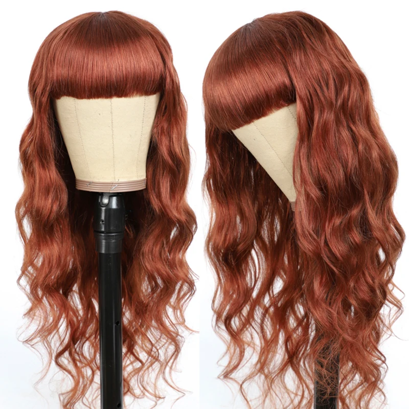 Парики из человеческих волос Блонд-коричневого и красного цвета с челкой для