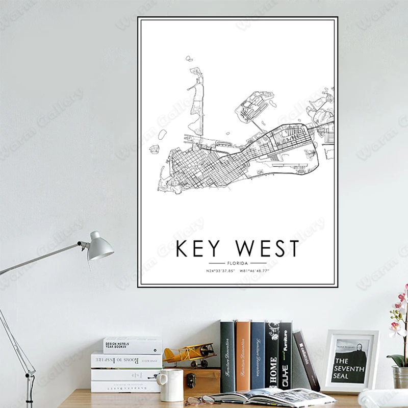 Черно-белая карта города Флориды ключа и Запада плакат HD печать настенное