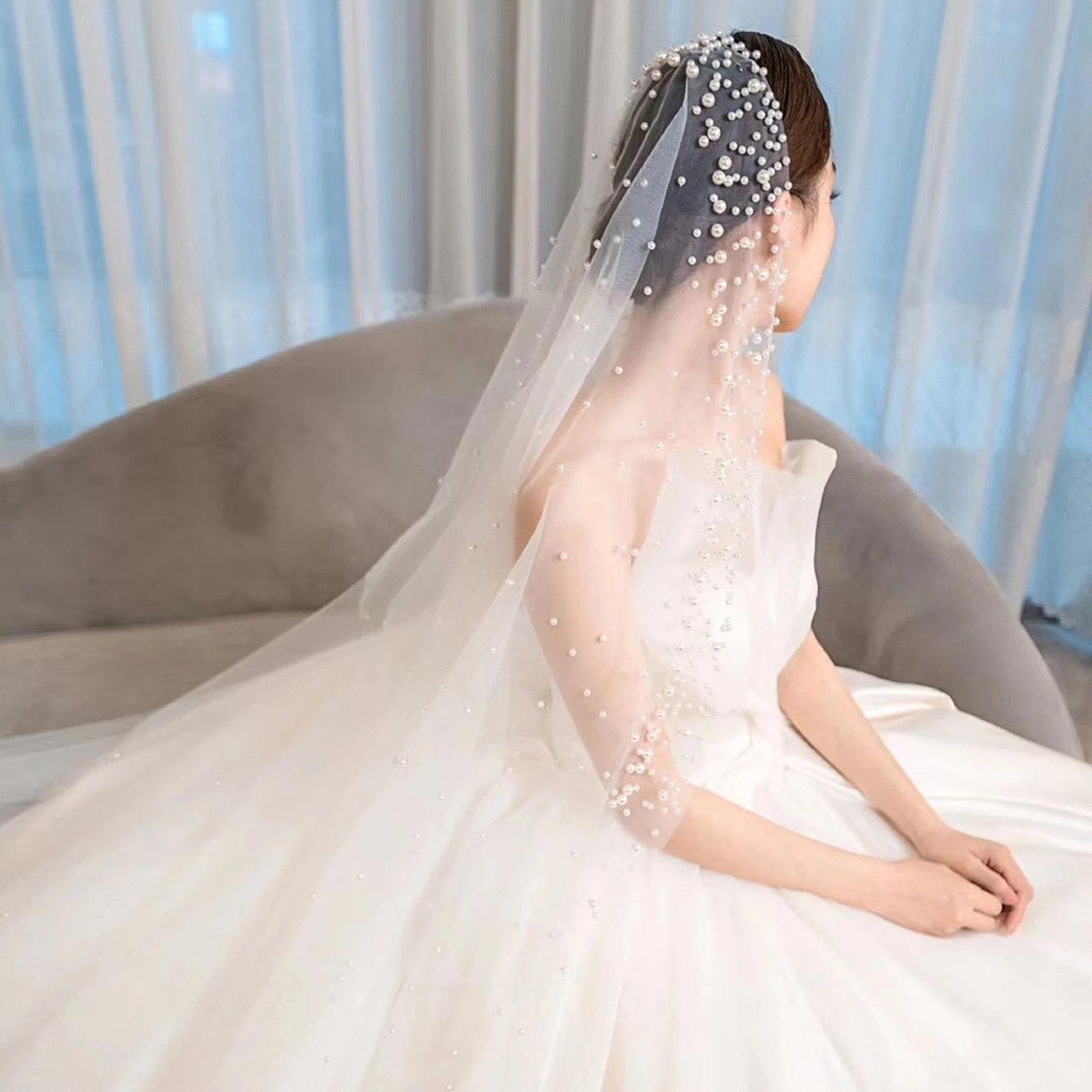 

Pearls Beaded Wedding Veil Pearl Bridal Veils Luxury Women Wedding Accessories Off White Bride Veil Wedding without Comb 3M Long