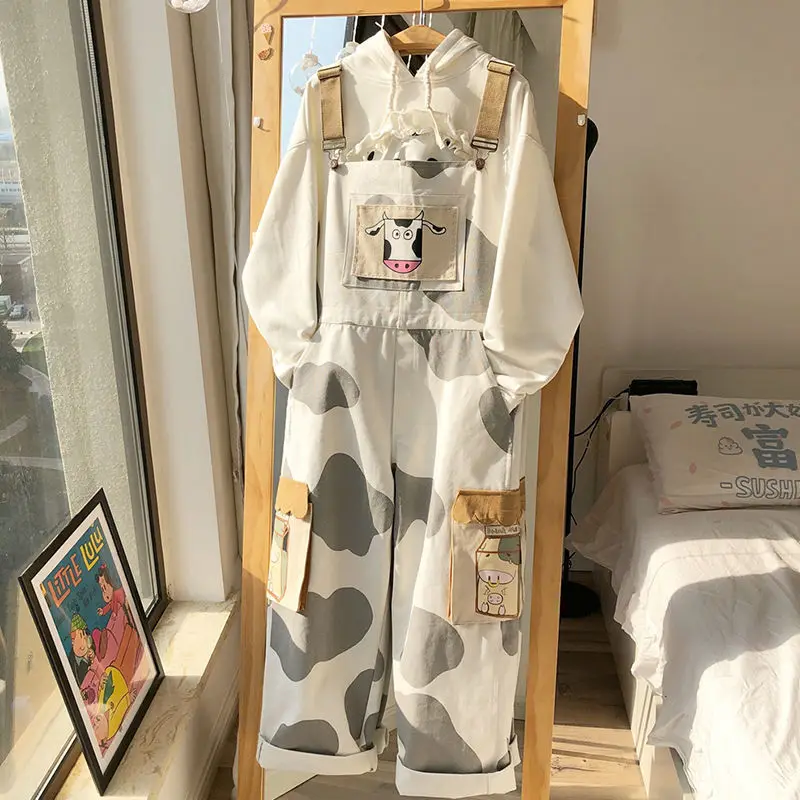 

Spring Summer Women Cartoon Caw Print Cute Young Lady Jumpsuits Rompers Overalls New Loose Pants Female Casual Long Pants SY065