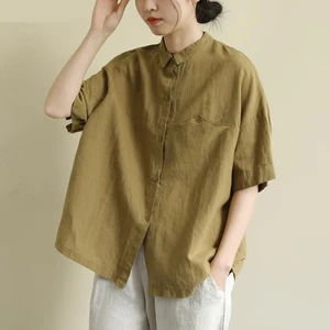 Рубашка женская с коротким рукавом, Свободная Повседневная блузка из хлопка и льна в винтажном стиле, с отложным воротником, размера плюс, S935, на лето